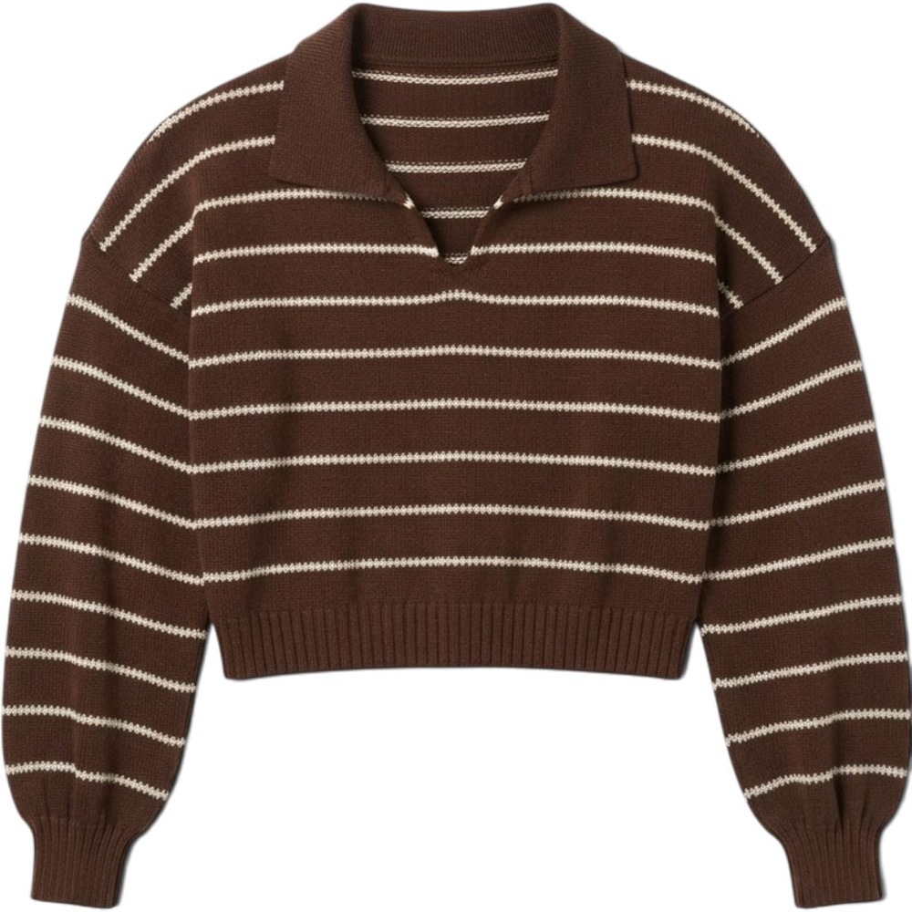 Y2K 90s Inspired Brown Striped Cropped Polo Sweater Long Sleeve V-Neck Large
